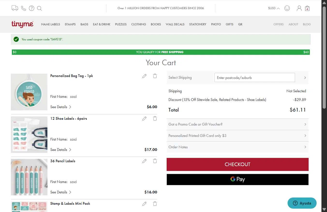 TinyMe checkout page showing TinyMe promo code box | Screenshot taken by SimplyCodes community member on Aug 4, 2025