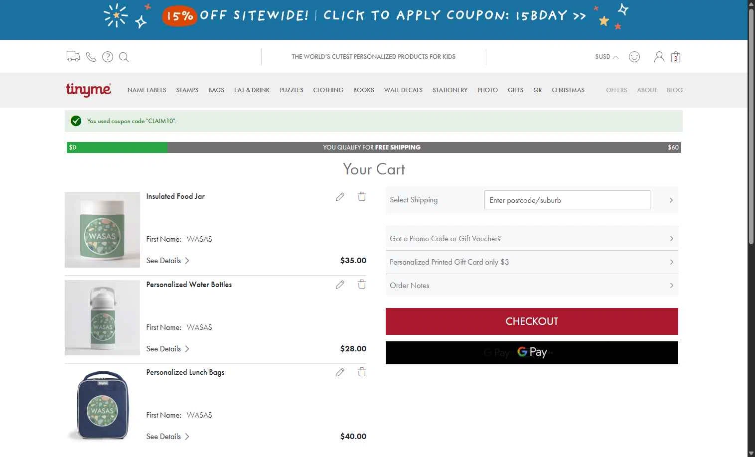 TinyMe checkout page showing TinyMe promo code box | Screenshot taken by SimplyCodes community member on Sep 17, 2025