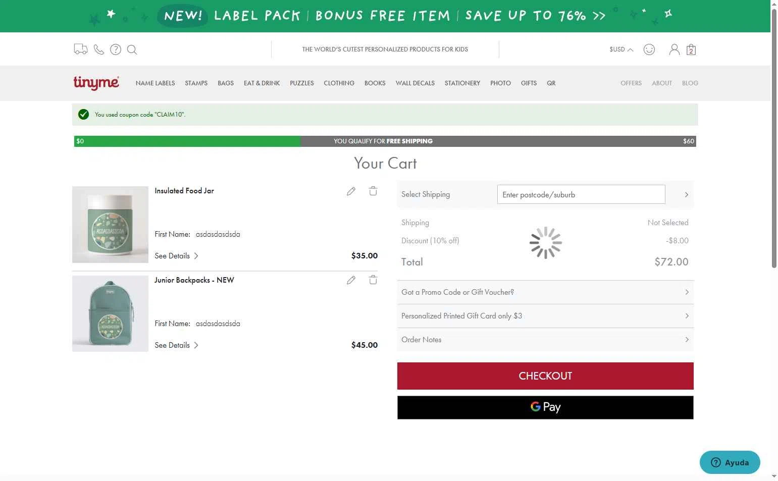 TinyMe checkout page showing TinyMe promo code box | Screenshot taken by SimplyCodes community member on Aug 21, 2025