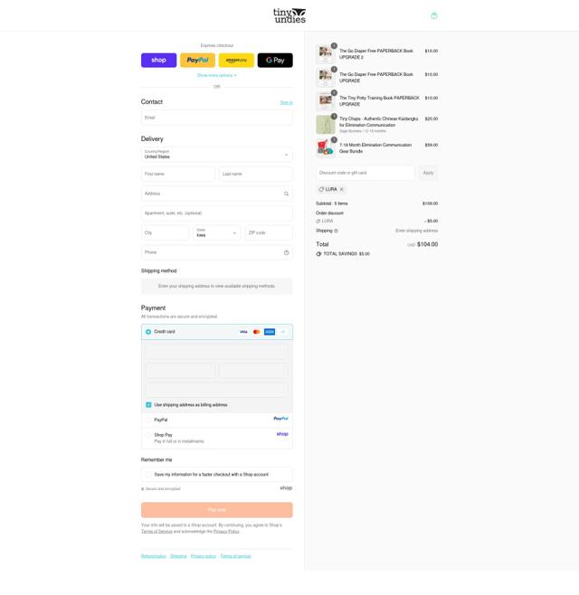 Tiny Undies checkout page showing Tiny Undies promo code box | Screenshot taken by SimplyCodes community member on Sep 13, 2025