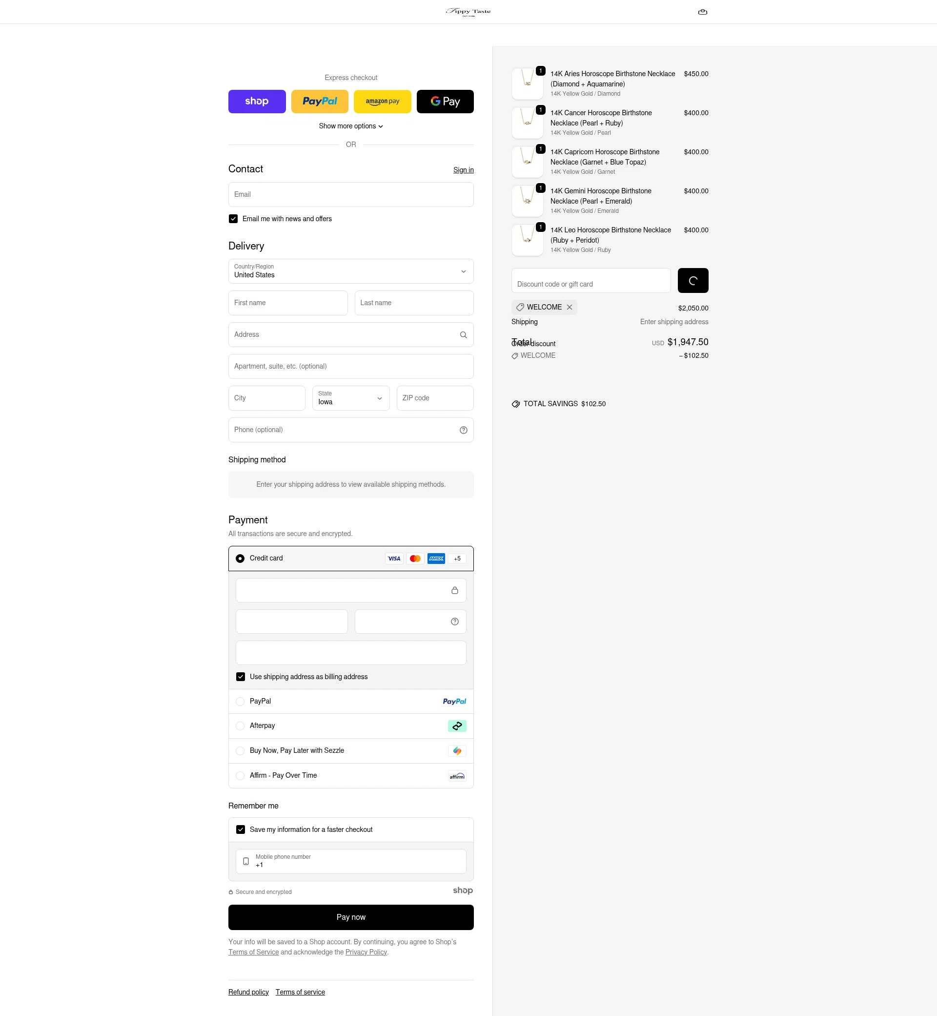 Tippy Taste Jewelry checkout page showing Tippy Taste Jewelry promo code box | Screenshot taken by SimplyCodes community member on Dec 21, 2025
