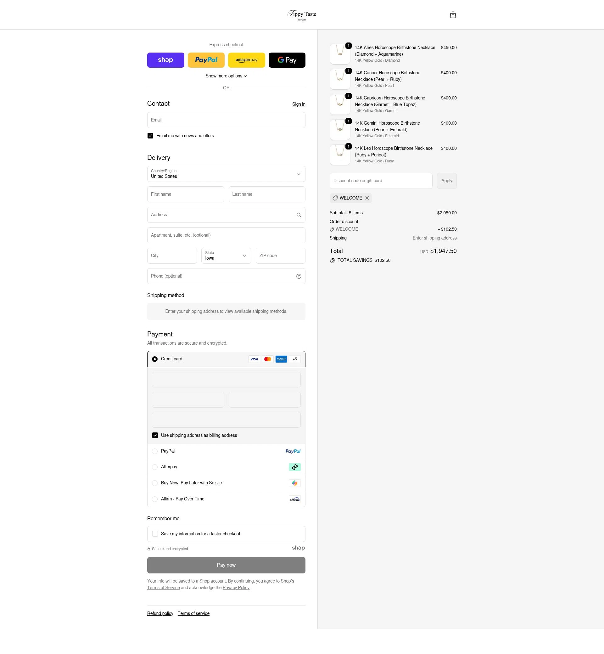 Tippy Taste Jewelry checkout page showing Tippy Taste Jewelry promo code box | Screenshot taken by SimplyCodes community member on Dec 13, 2025