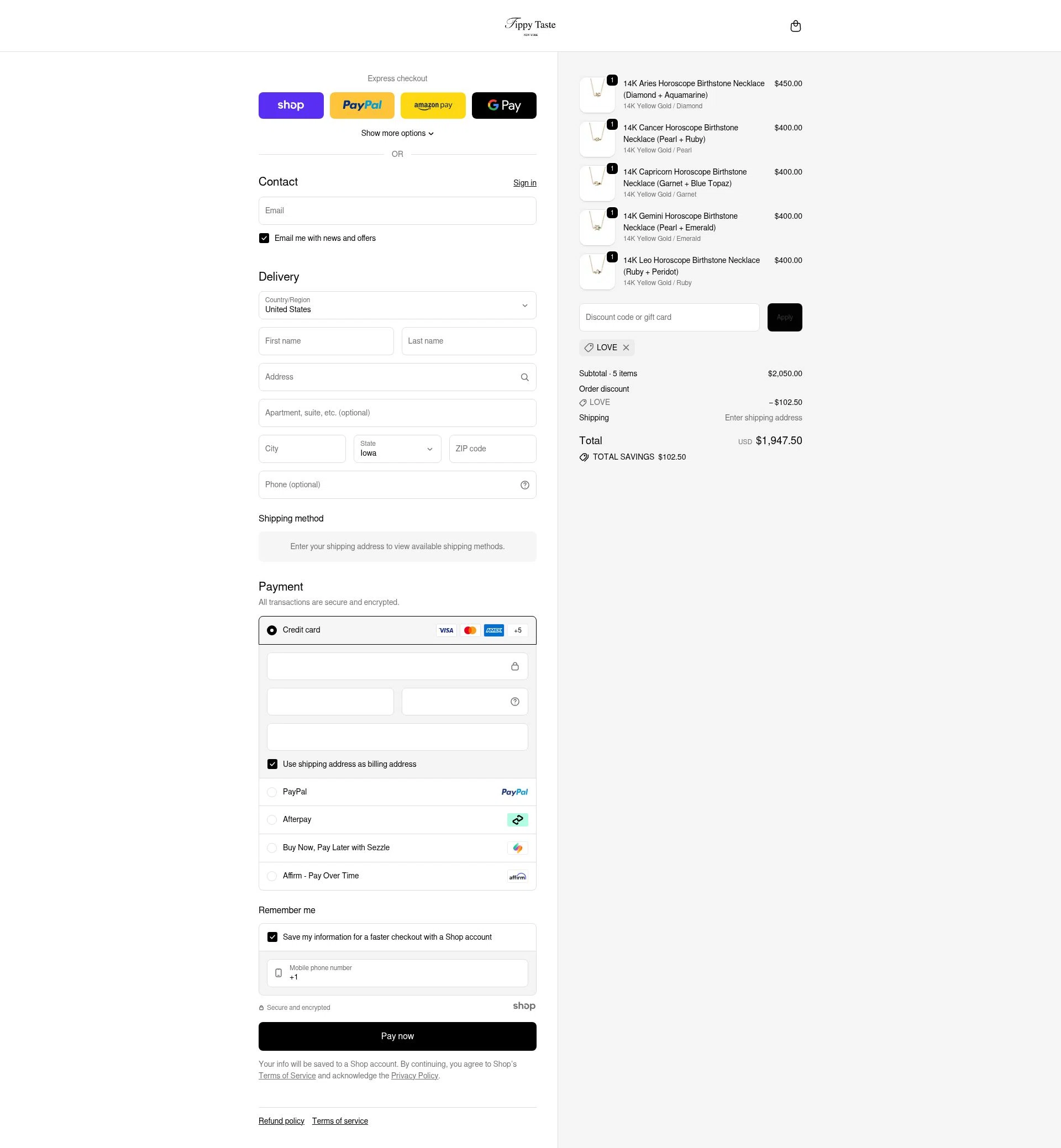 Tippy Taste Jewelry checkout page showing Tippy Taste Jewelry promo code box | Screenshot taken by SimplyCodes community member on Dec 8, 2025
