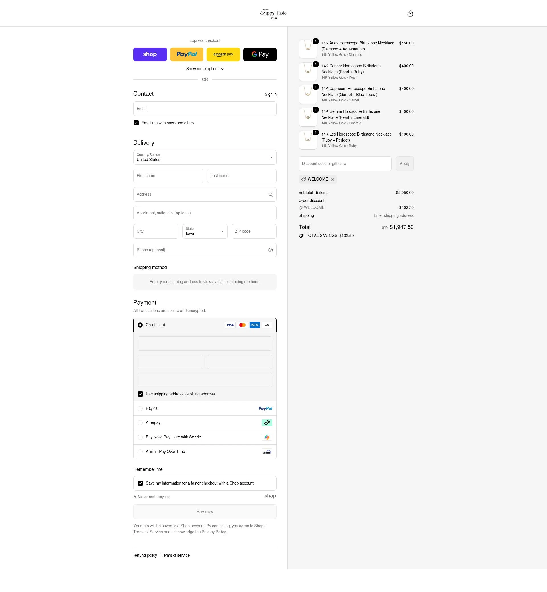 Tippy Taste Jewelry checkout page showing Tippy Taste Jewelry promo code box | Screenshot taken by SimplyCodes community member on Dec 8, 2025