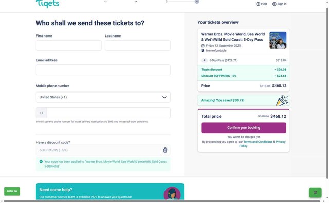 Tiqets checkout page showing Tiqets discount code box | Screenshot taken by SimplyCodes community member on Sep 3, 2025