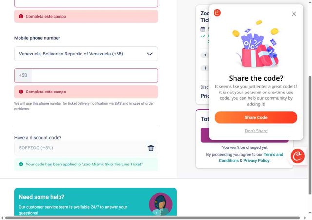 Tiqets checkout page showing Tiqets discount code box | Screenshot taken by SimplyCodes community member on Aug 28, 2025