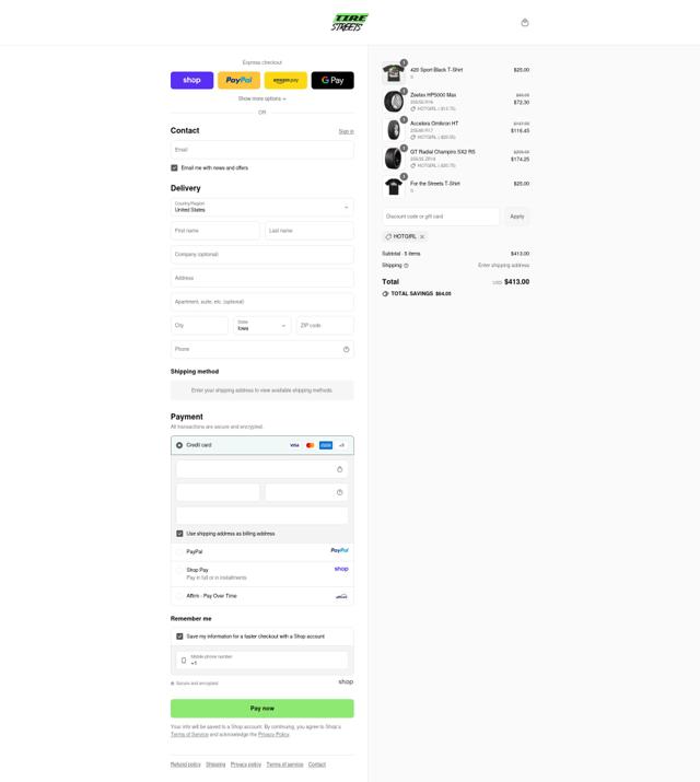 Tire Streets checkout page showing Tire Streets discount code box | Screenshot taken by SimplyCodes community member on Sep 15, 2025