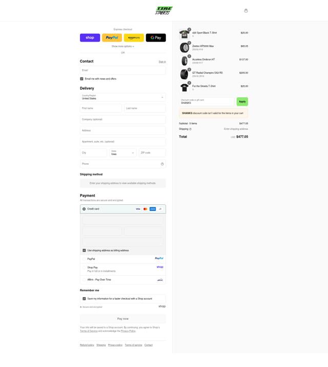 Tire Streets checkout page showing Tire Streets discount code box | Screenshot taken by SimplyCodes community member on Sep 15, 2025