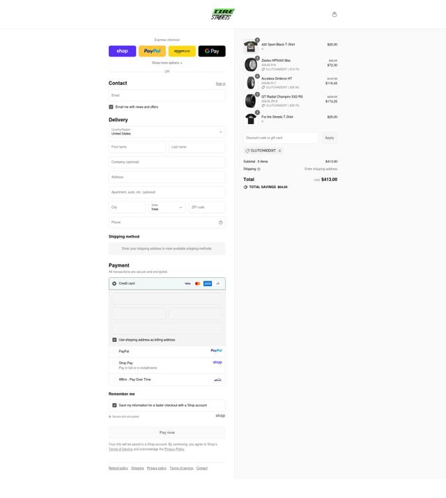 Tire Streets checkout page showing Tire Streets discount code box | Screenshot taken by SimplyCodes community member on Sep 15, 2025