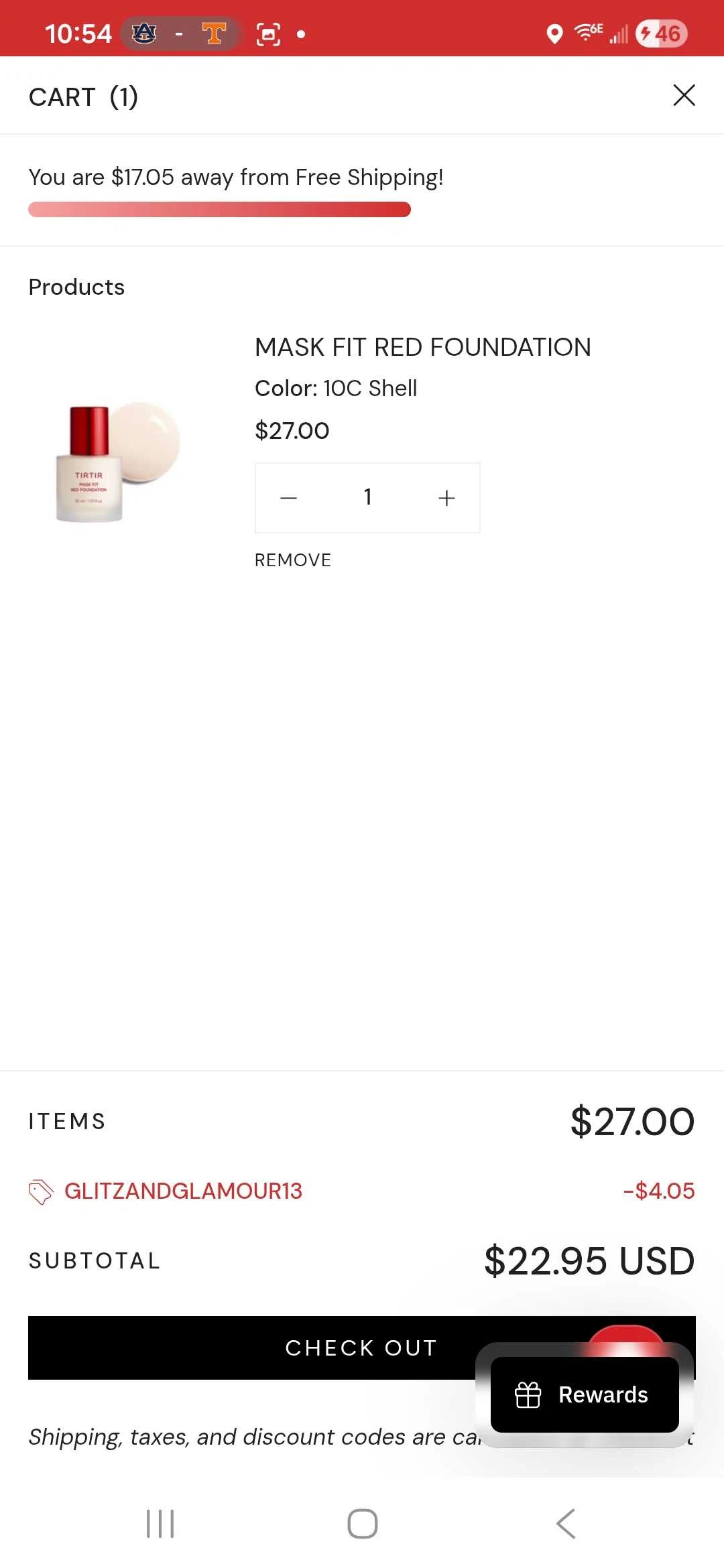 TIRTIR discount code screenshot showing code GLITZANDGLAMOUR13 applied at TIRTIR checkout page. Uploaded by SimplyCodes community member TreasureGenius2354 on Feb 1, 2026