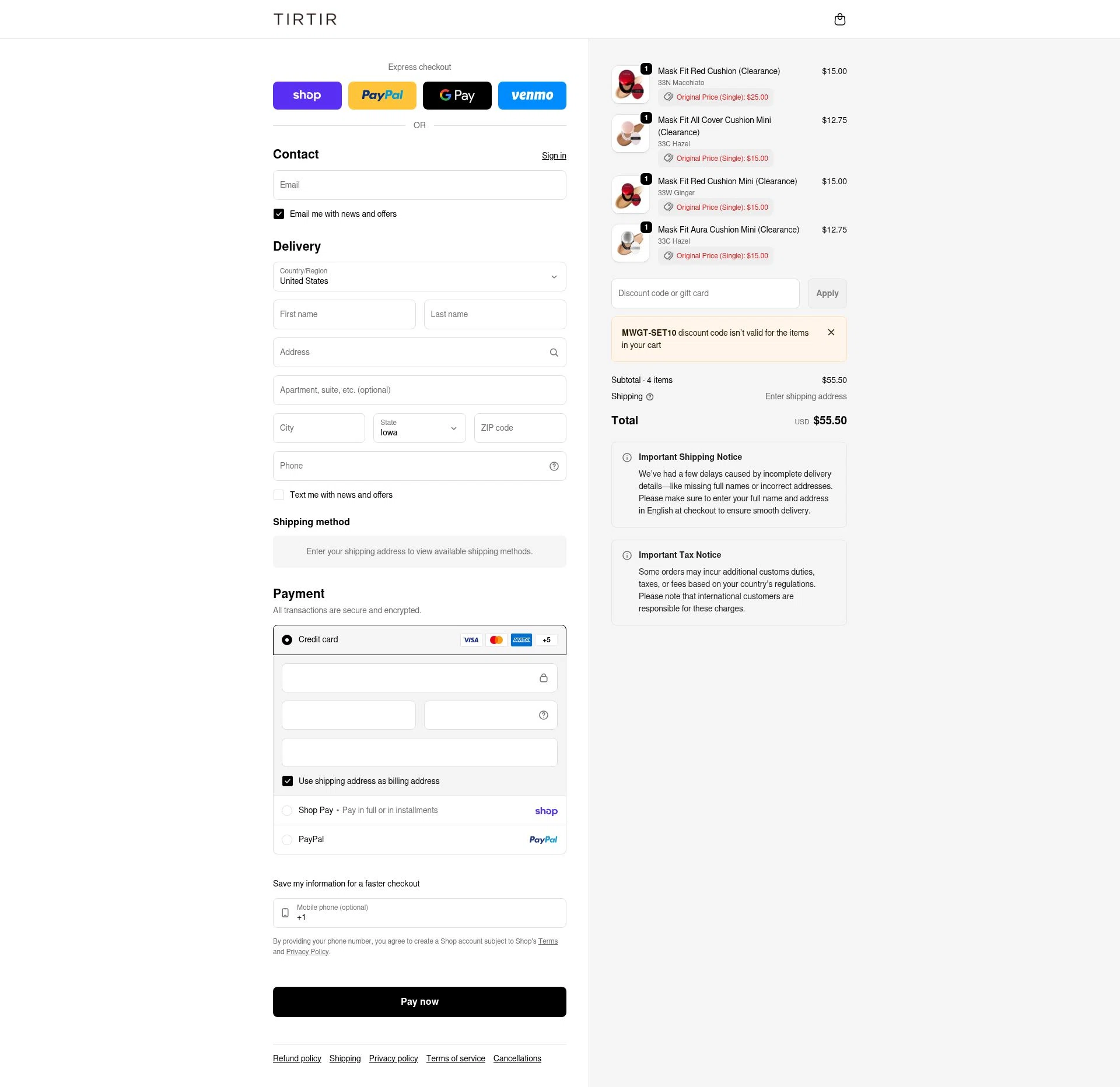 TIRTIR checkout page showing TIRTIR discount code box | Screenshot taken by SimplyCodes community member on Feb 15, 2026