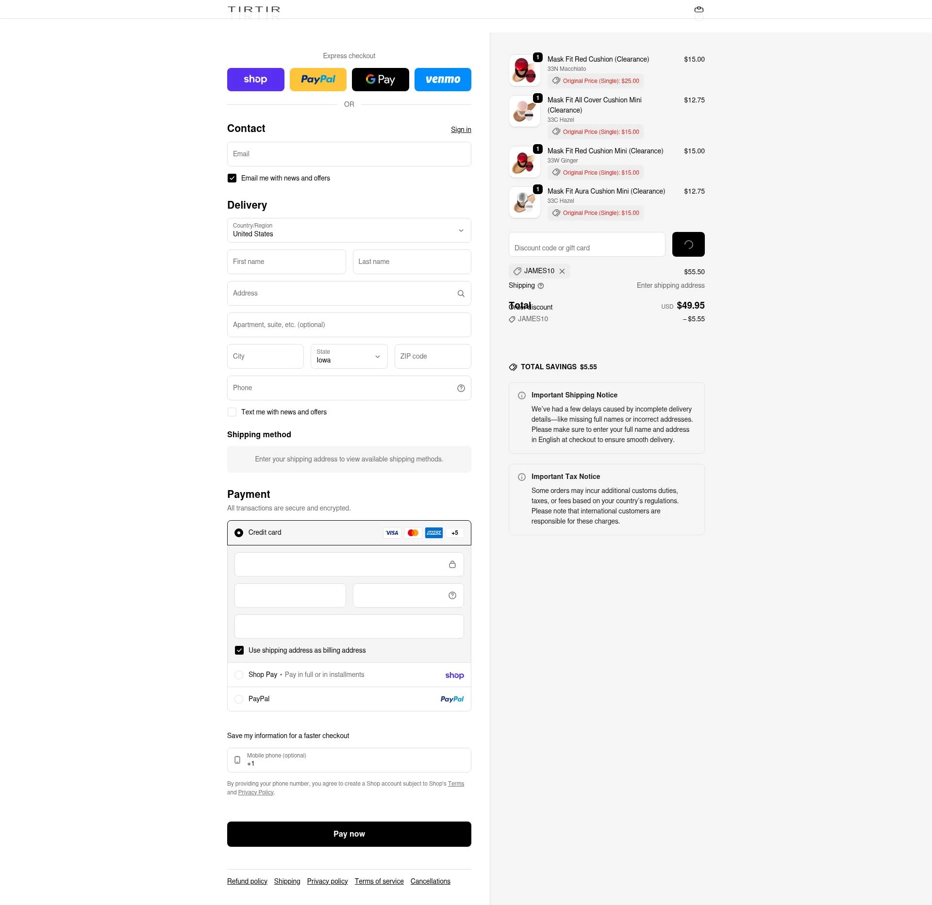 TIRTIR checkout page showing TIRTIR discount code box | Screenshot taken by SimplyCodes community member on Feb 15, 2026