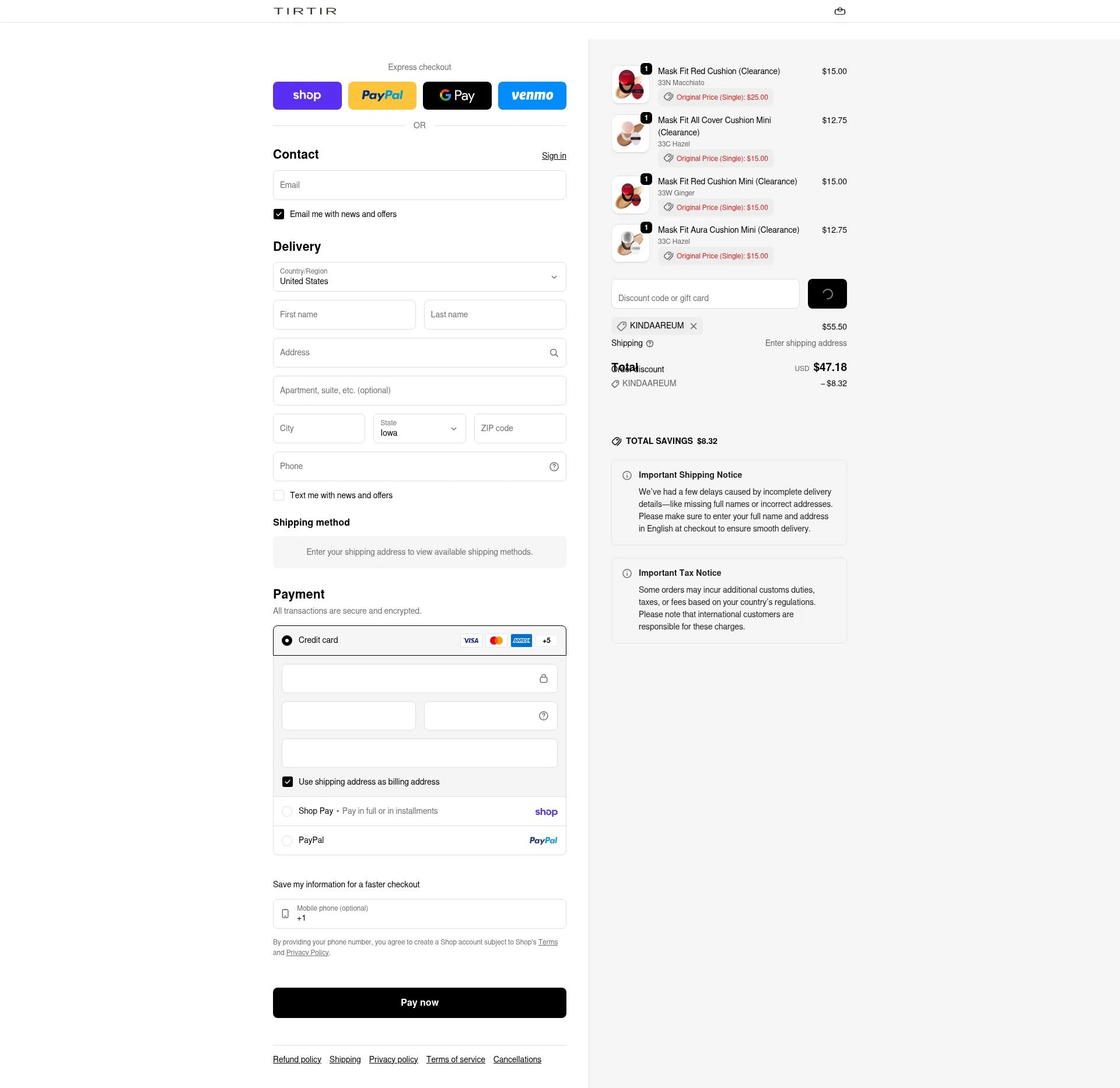 TIRTIR checkout page showing TIRTIR discount code box | Screenshot taken by SimplyCodes community member on Feb 15, 2026