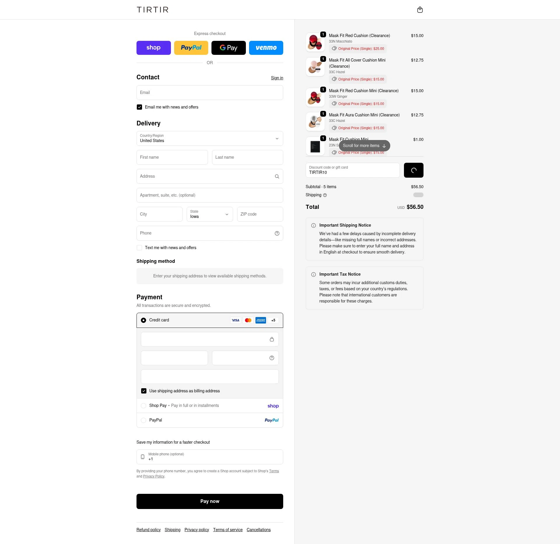 TIRTIR checkout page showing TIRTIR discount code box | Screenshot taken by SimplyCodes community member on Feb 11, 2026