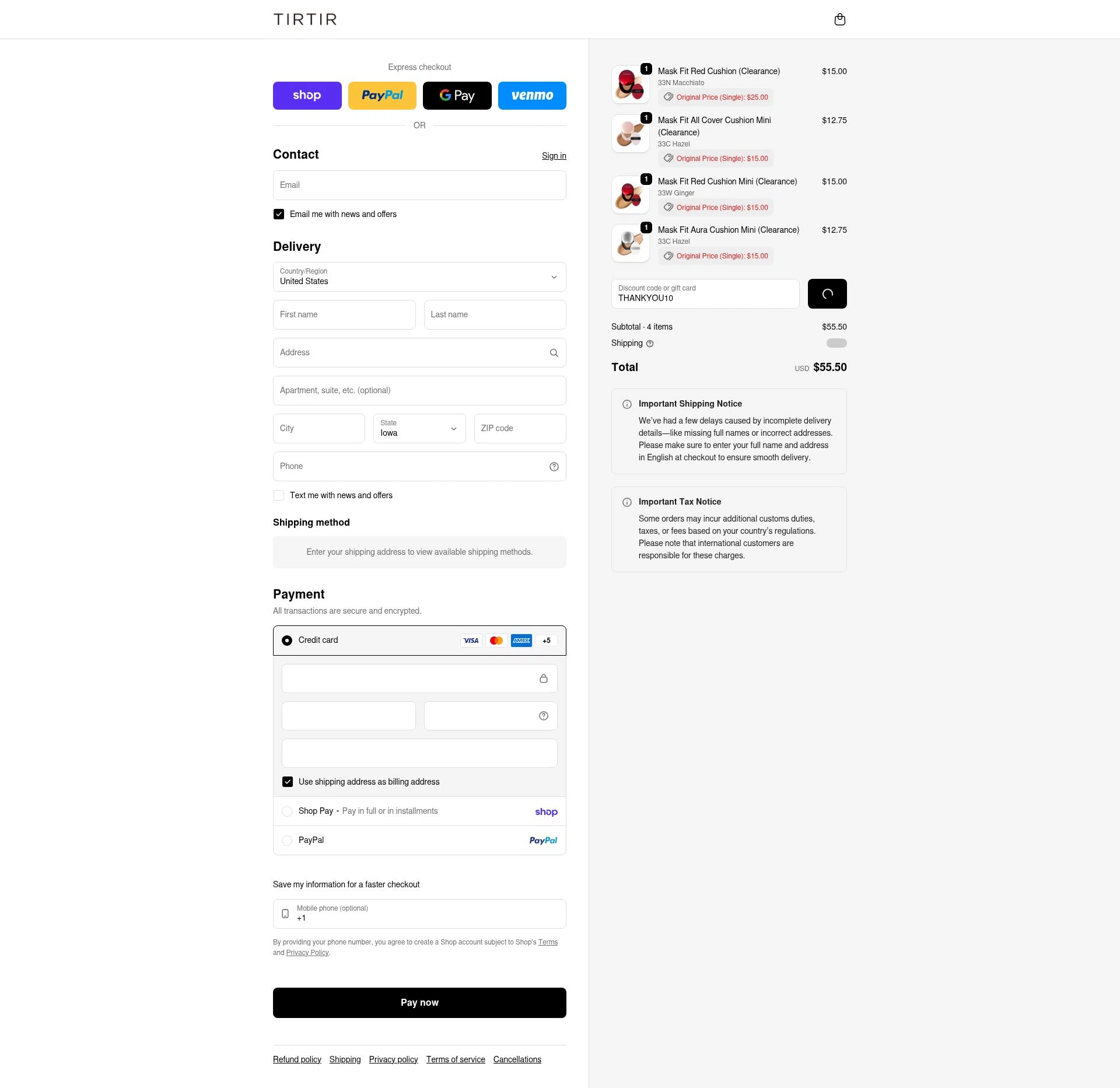 TIRTIR checkout page showing TIRTIR discount code box | Screenshot taken by SimplyCodes community member on Feb 15, 2026