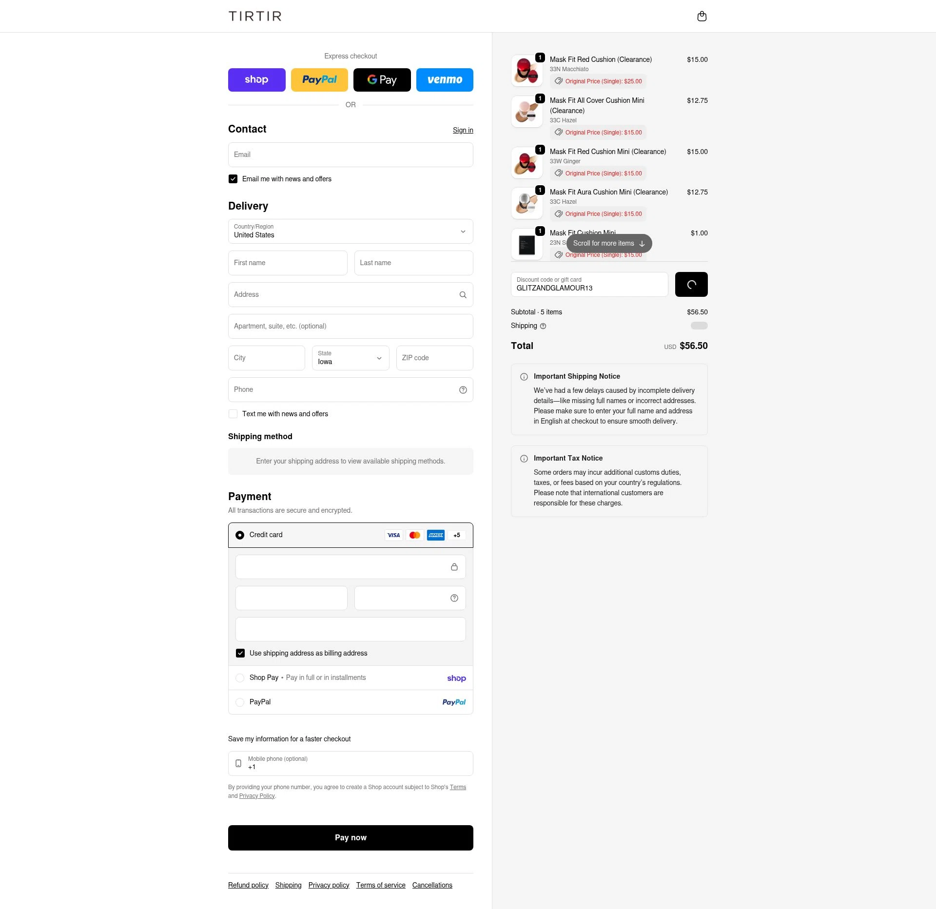 TIRTIR US checkout page showing TIRTIR US promo code box | Screenshot taken by SimplyCodes community member on Feb 10, 2026