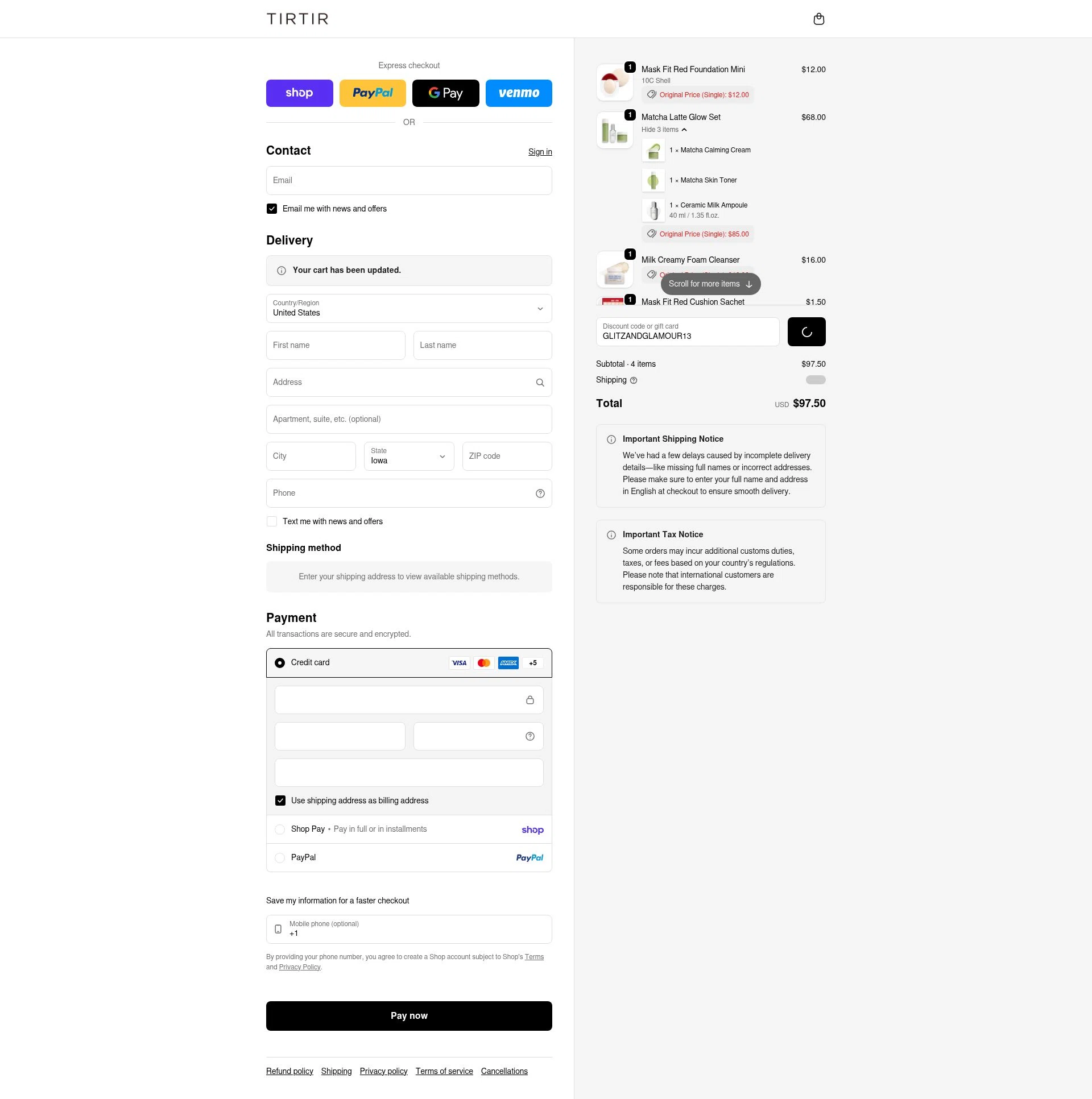 TIRTIR US checkout page showing TIRTIR US promo code box | Screenshot taken by SimplyCodes community member on Feb 6, 2026