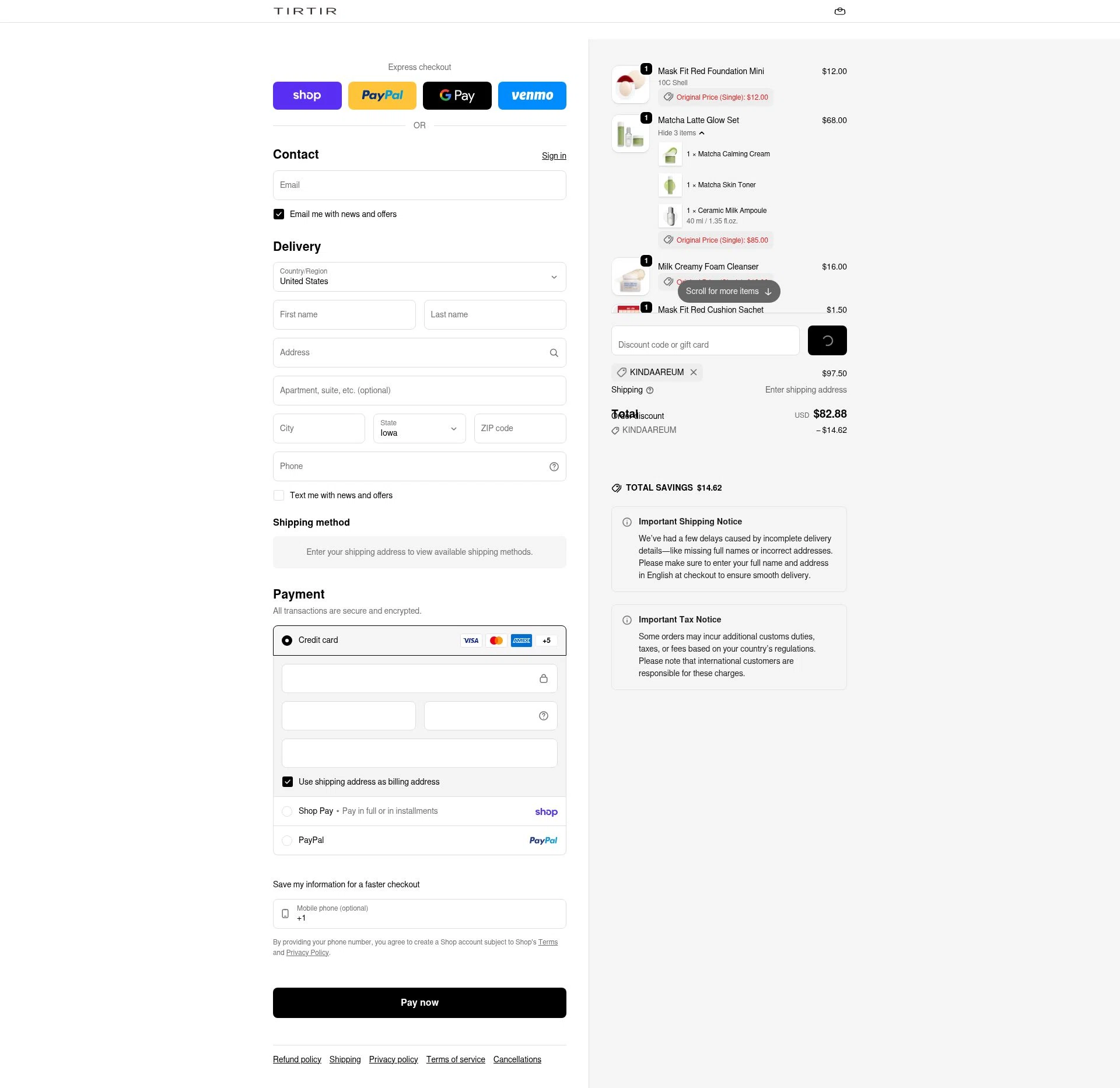TIRTIR US checkout page showing TIRTIR US promo code box | Screenshot taken by SimplyCodes community member on Feb 6, 2026