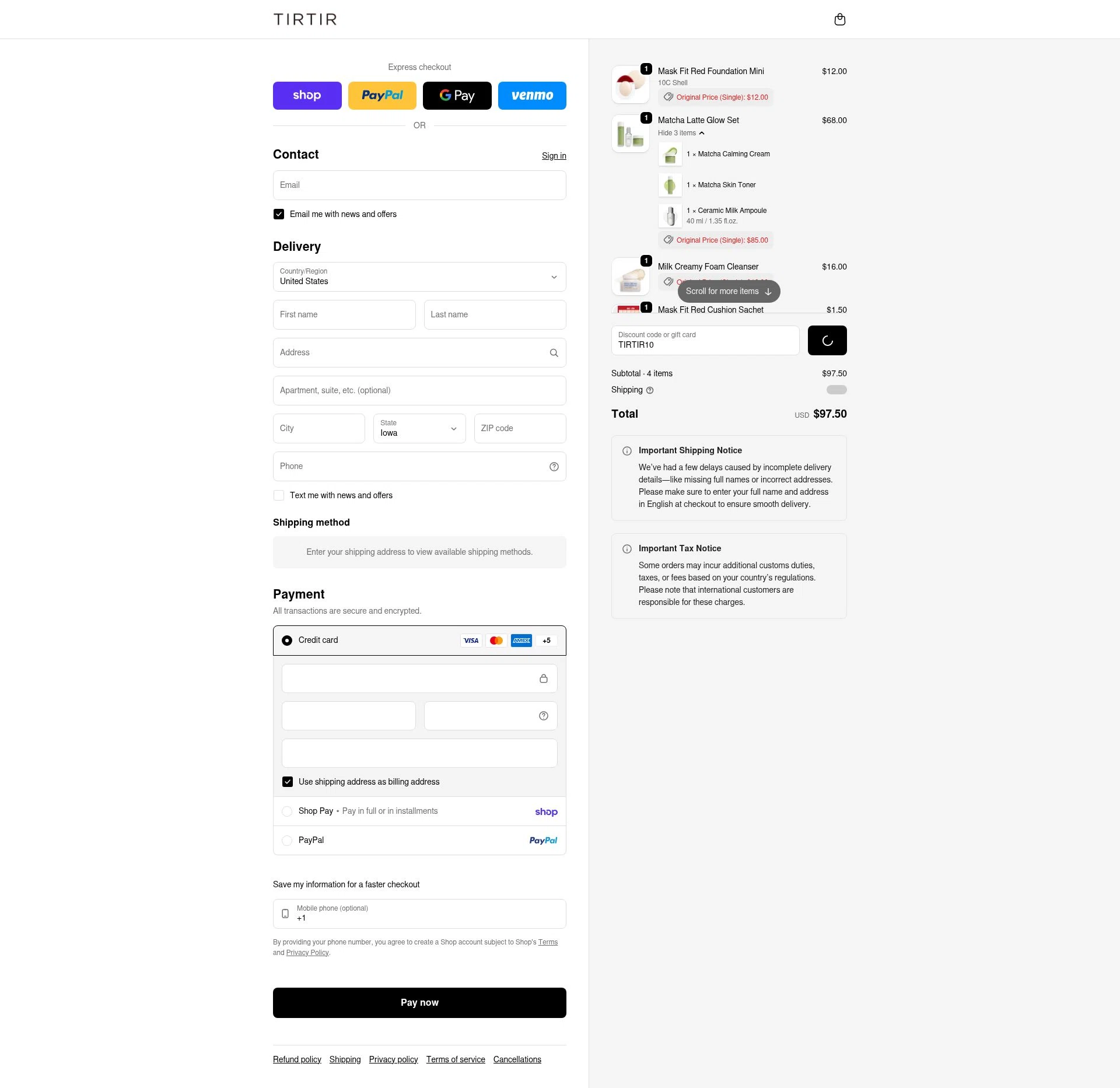 TIRTIR US checkout page showing TIRTIR US promo code box | Screenshot taken by SimplyCodes community member on Feb 6, 2026