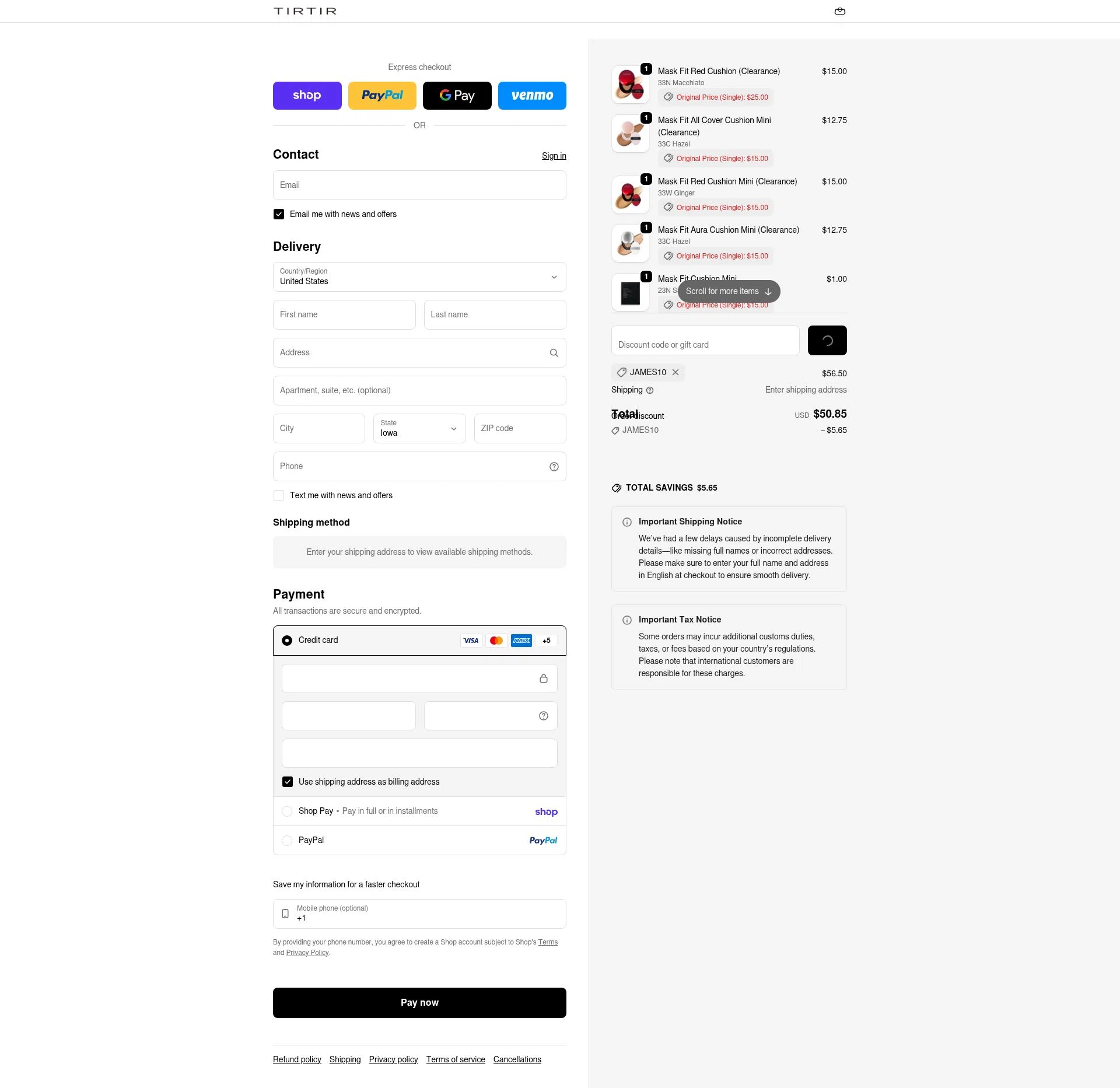 TIRTIR US checkout page showing TIRTIR US promo code box | Screenshot taken by SimplyCodes community member on Feb 10, 2026