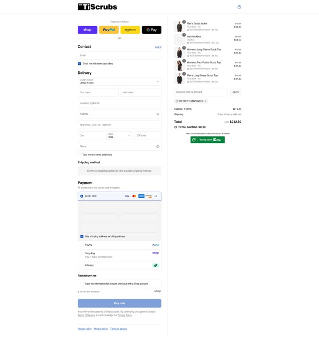 TiScrubs checkout page showing TiScrubs discount code box | Screenshot taken by SimplyCodes community member on Sep 3, 2025