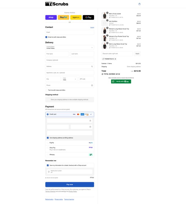 TiScrubs checkout page showing TiScrubs discount code box | Screenshot taken by SimplyCodes community member on Sep 3, 2025