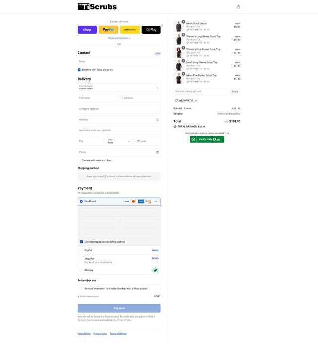 TiScrubs checkout page showing TiScrubs discount code box | Screenshot taken by SimplyCodes community member on Sep 7, 2025