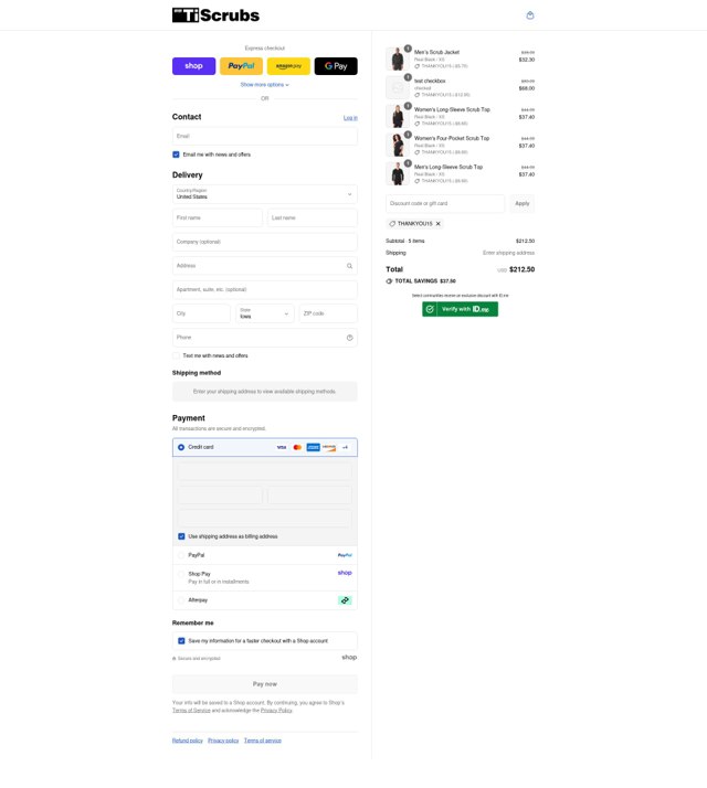TiScrubs checkout page showing TiScrubs discount code box | Screenshot taken by SimplyCodes community member on Aug 30, 2025
