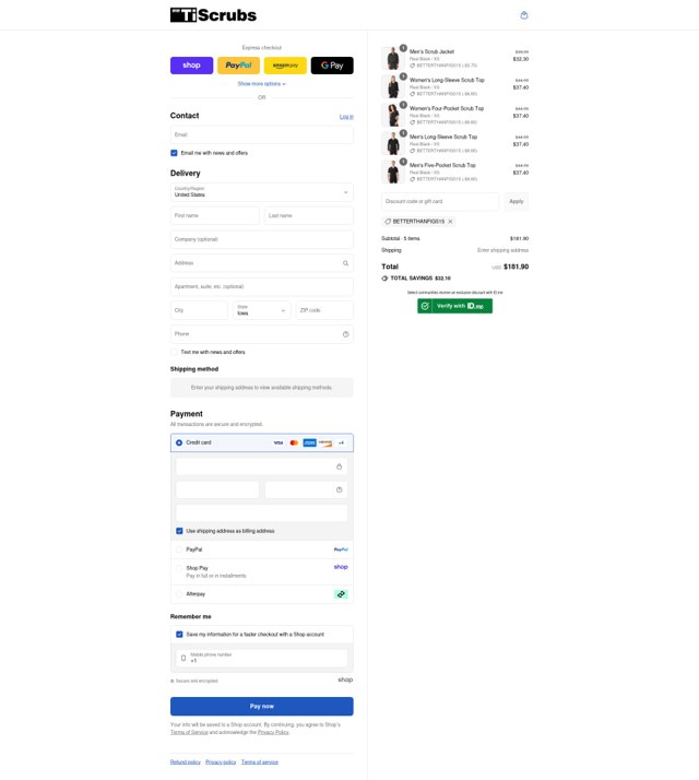 TiScrubs checkout page showing TiScrubs discount code box | Screenshot taken by SimplyCodes community member on Sep 7, 2025