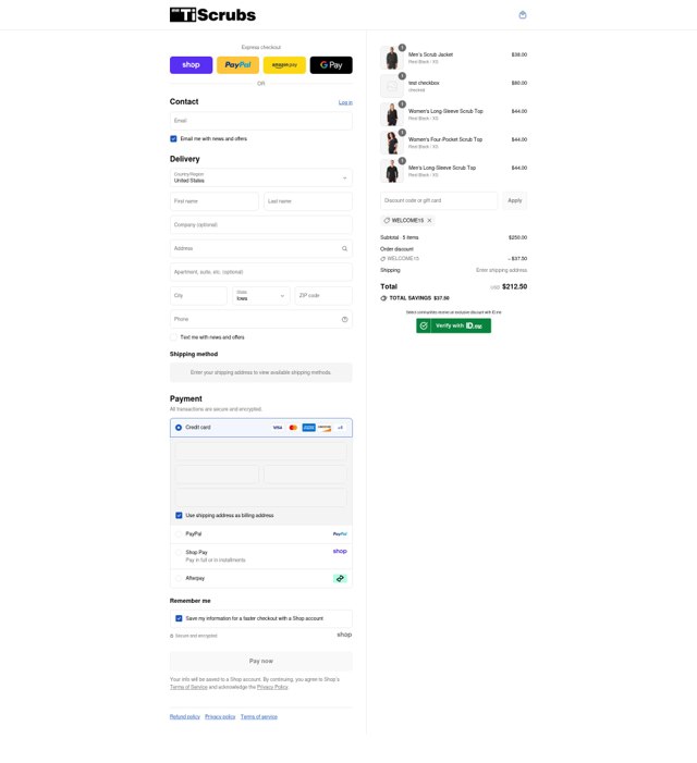 TiScrubs checkout page showing TiScrubs discount code box | Screenshot taken by SimplyCodes community member on Sep 3, 2025
