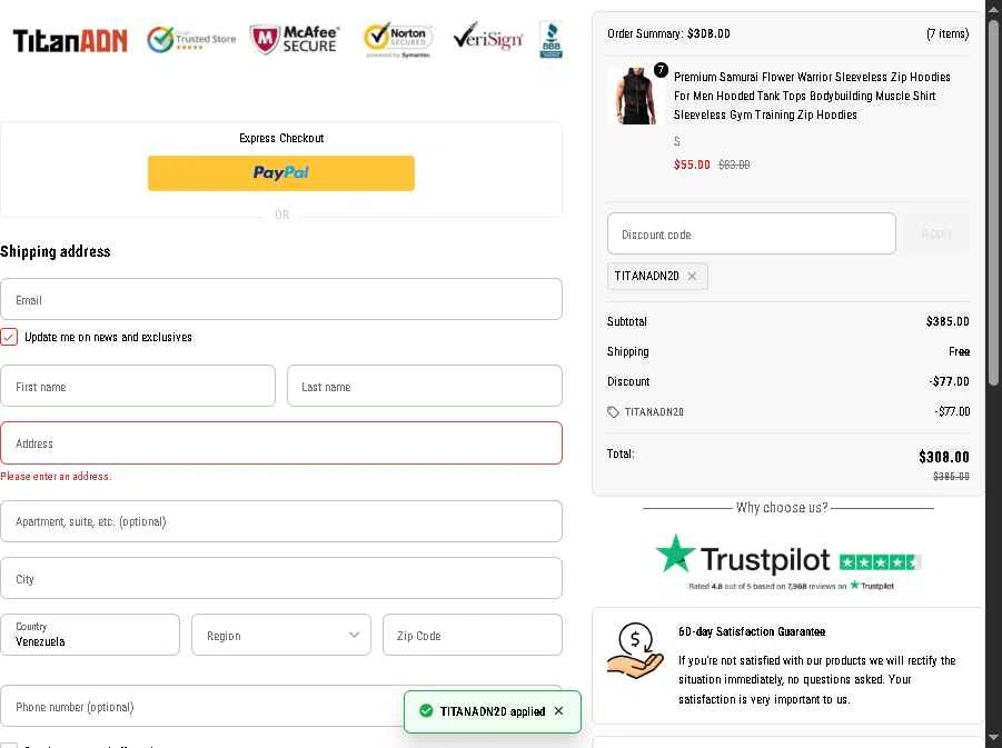 TitanADN checkout page showing TitanADN promo code box | Screenshot taken by SimplyCodes community member on Jan 10, 2026