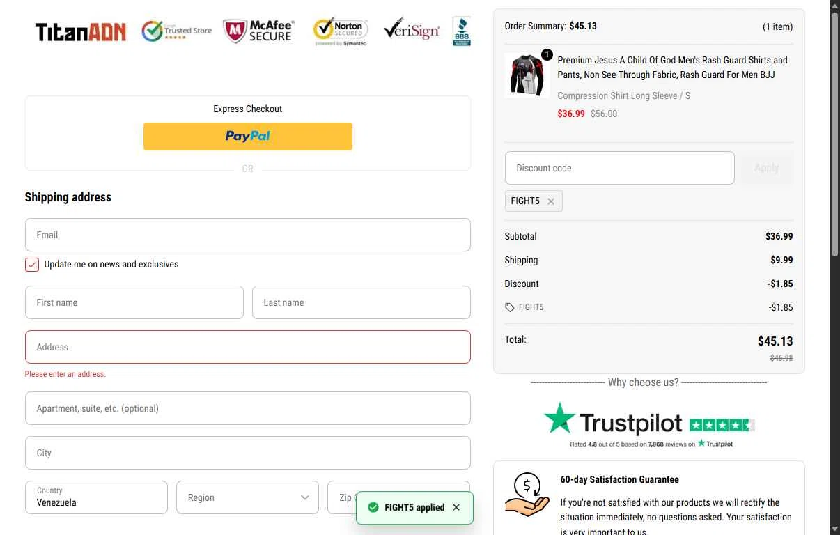TitanADN checkout page showing TitanADN promo code box | Screenshot taken by SimplyCodes community member on Dec 31, 2025
