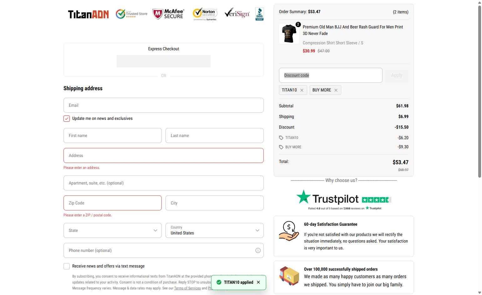 TitanADN checkout page showing TitanADN promo code box | Screenshot taken by SimplyCodes community member on Nov 3, 2025