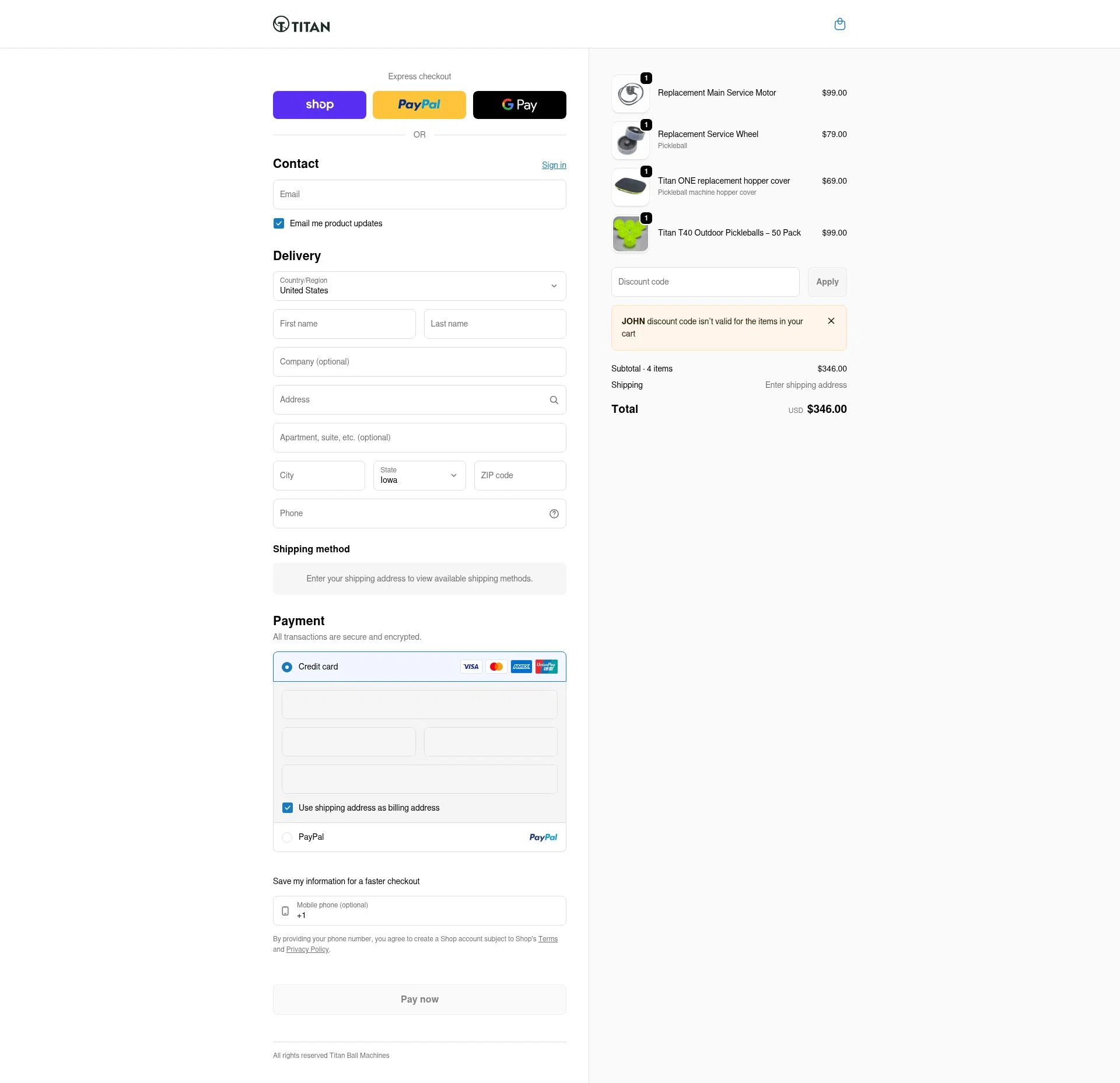 Titan Ball Machines checkout page showing Titan Ball Machines promo code box | Screenshot taken by SimplyCodes community member on Feb 20, 2026