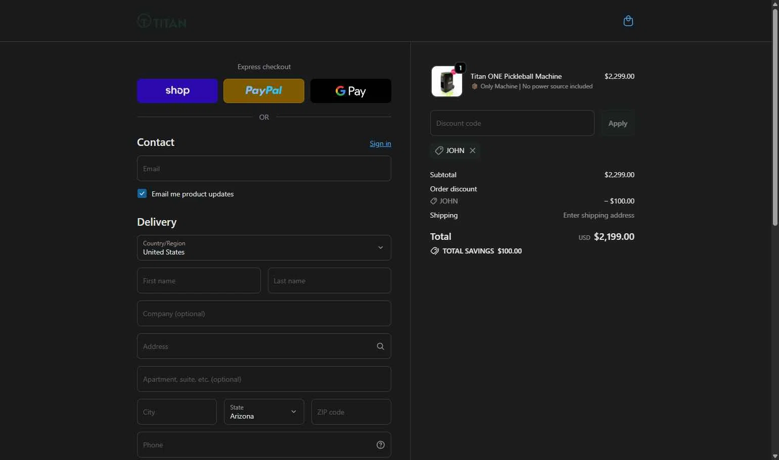 Titan Ball Machines checkout page showing Titan Ball Machines promo code box | Screenshot taken by SimplyCodes community member on Feb 20, 2026