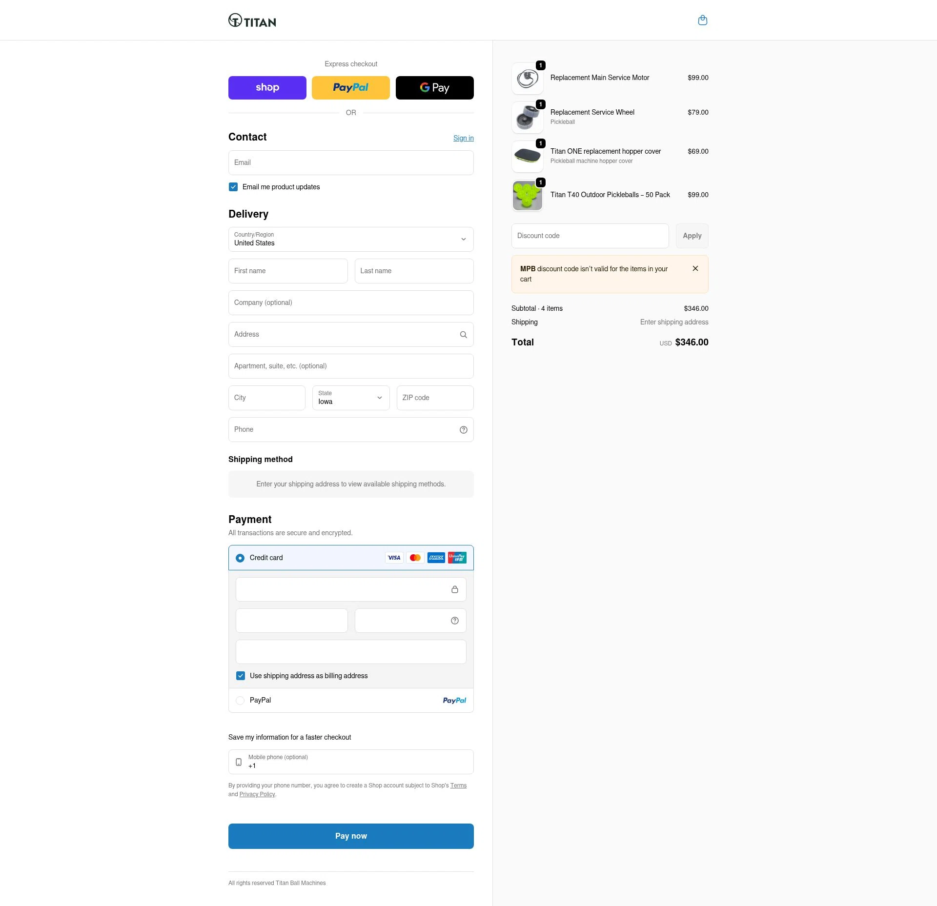 Titan Ball Machines checkout page showing Titan Ball Machines promo code box | Screenshot taken by SimplyCodes community member on Feb 19, 2026