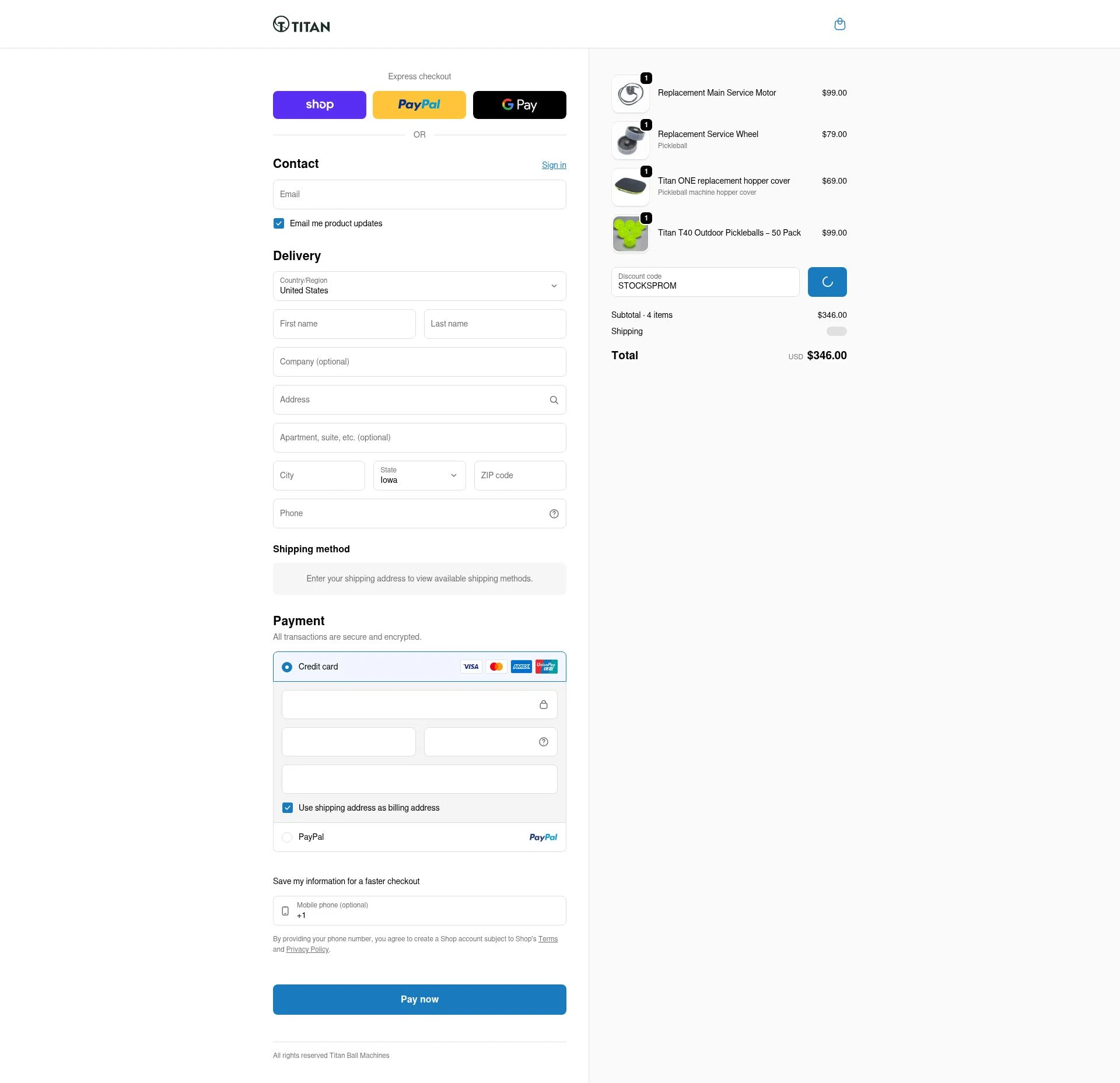 Titan Ball Machines checkout page showing Titan Ball Machines promo code box | Screenshot taken by SimplyCodes community member on Feb 19, 2026