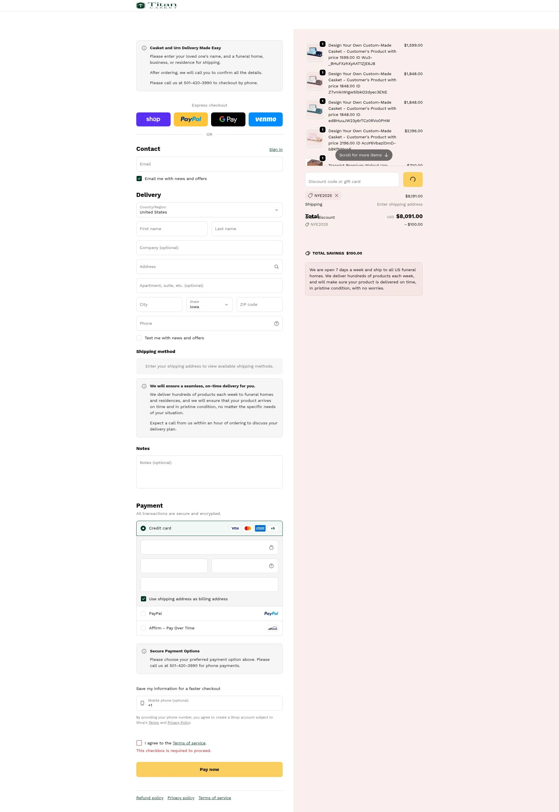 Titan Casket checkout page showing Titan Casket discount code box | Screenshot taken by SimplyCodes community member on Jan 11, 2026