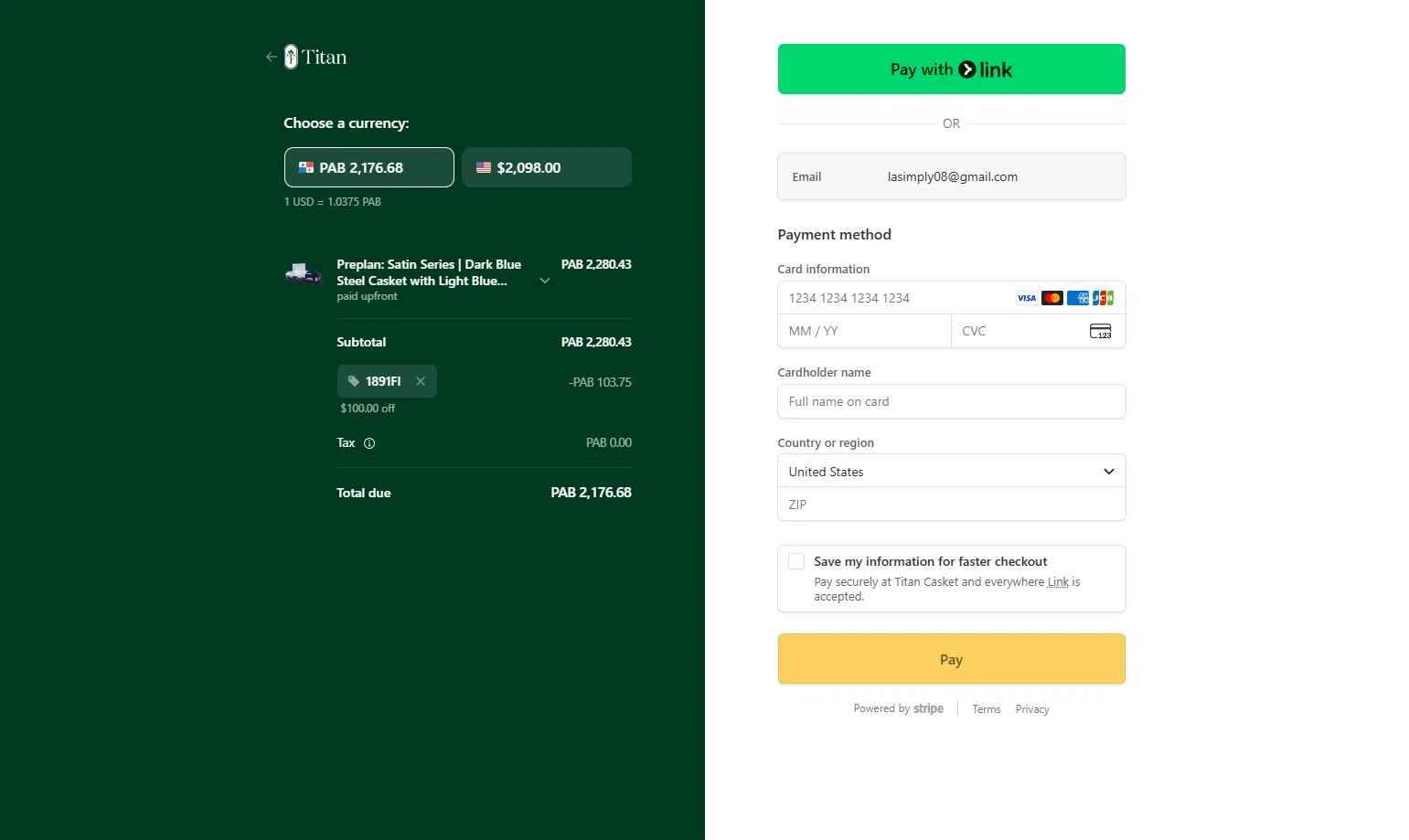 Titan Casket checkout page showing Titan Casket discount code box | Screenshot taken by SimplyCodes community member on Jan 5, 2026