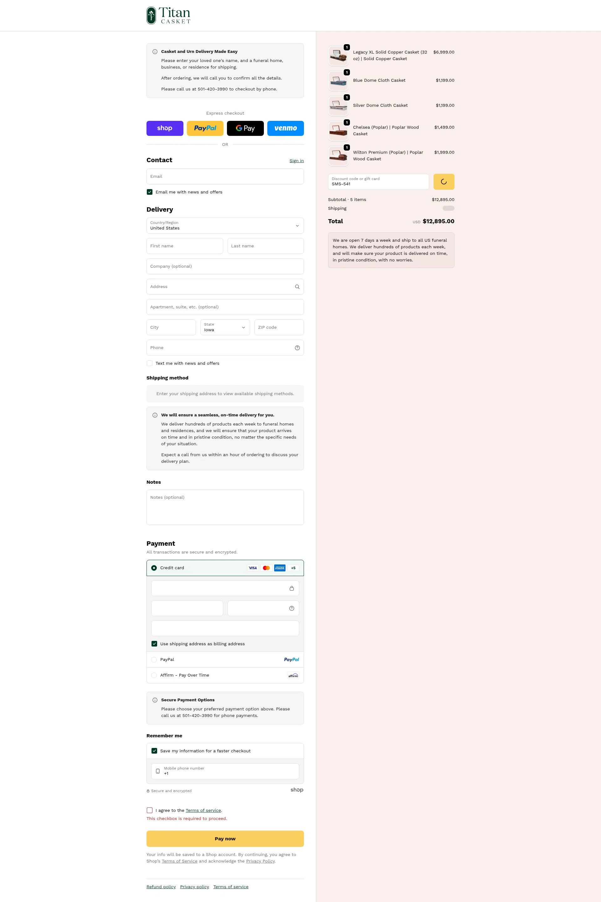 Titan Casket checkout page showing Titan Casket discount code box | Screenshot taken by SimplyCodes community member on Dec 27, 2025