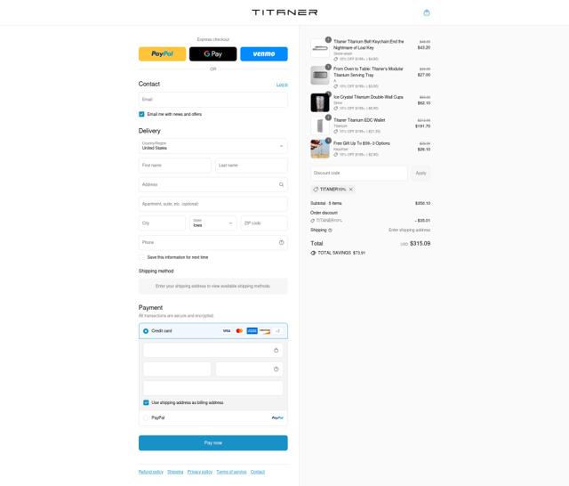 Titaner checkout page showing Titaner promo code box | Screenshot taken by SimplyCodes community member on Sep 3, 2025