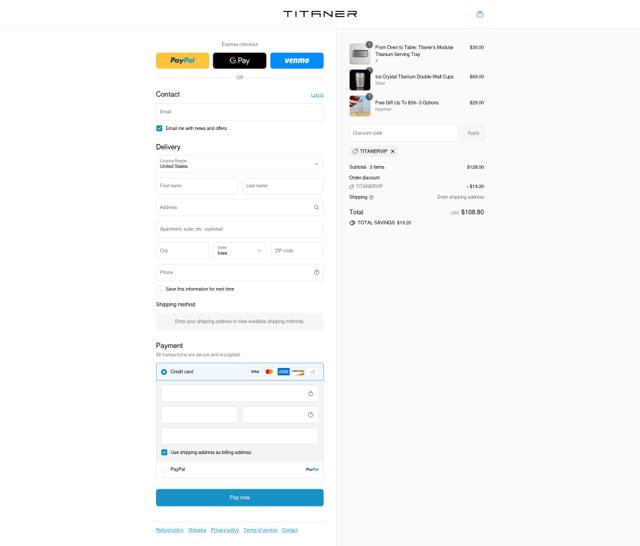 Titaner checkout page showing Titaner promo code box | Screenshot taken by SimplyCodes community member on Sep 8, 2025