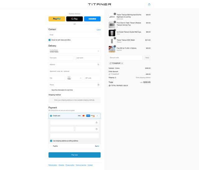 Titaner checkout page showing Titaner promo code box | Screenshot taken by SimplyCodes community member on Sep 3, 2025