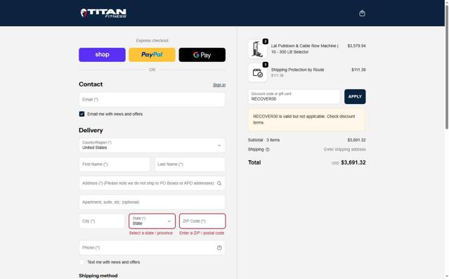 Titan Fitness checkout page showing Titan Fitness discount code box | Screenshot taken by SimplyCodes community member on Sep 24, 2025