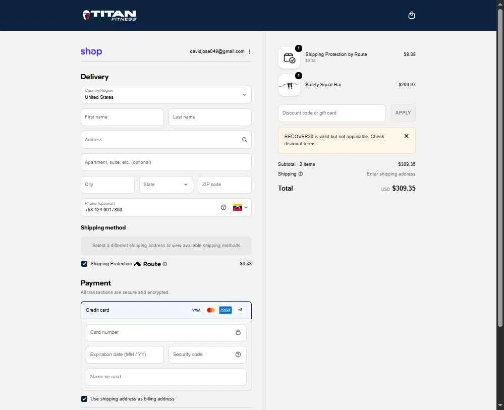 Titan Fitness checkout page showing Titan Fitness discount code box | Screenshot taken by SimplyCodes community member on Jan 20, 2026