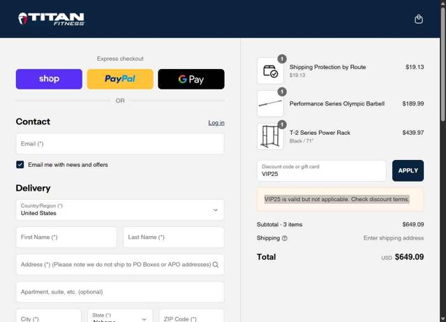 Titan Fitness checkout page showing Titan Fitness discount code box | Screenshot taken by SimplyCodes community member on Aug 28, 2025