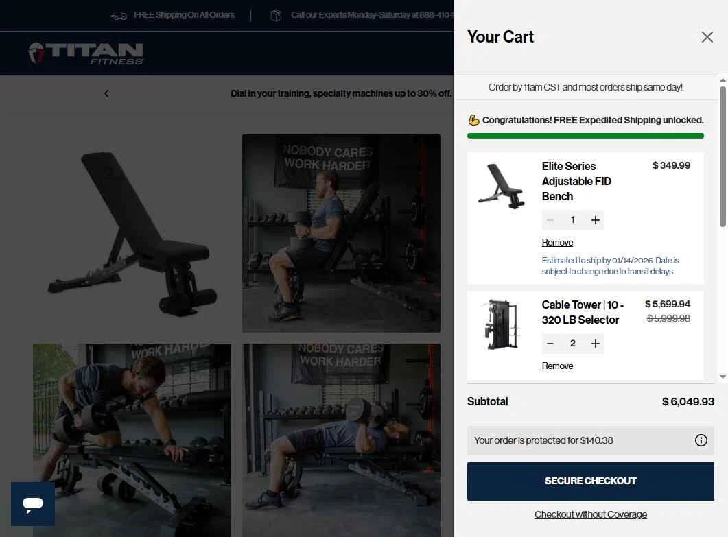 Titan Fitness checkout page showing Titan Fitness discount code box | Screenshot taken by SimplyCodes community member on Jan 8, 2026