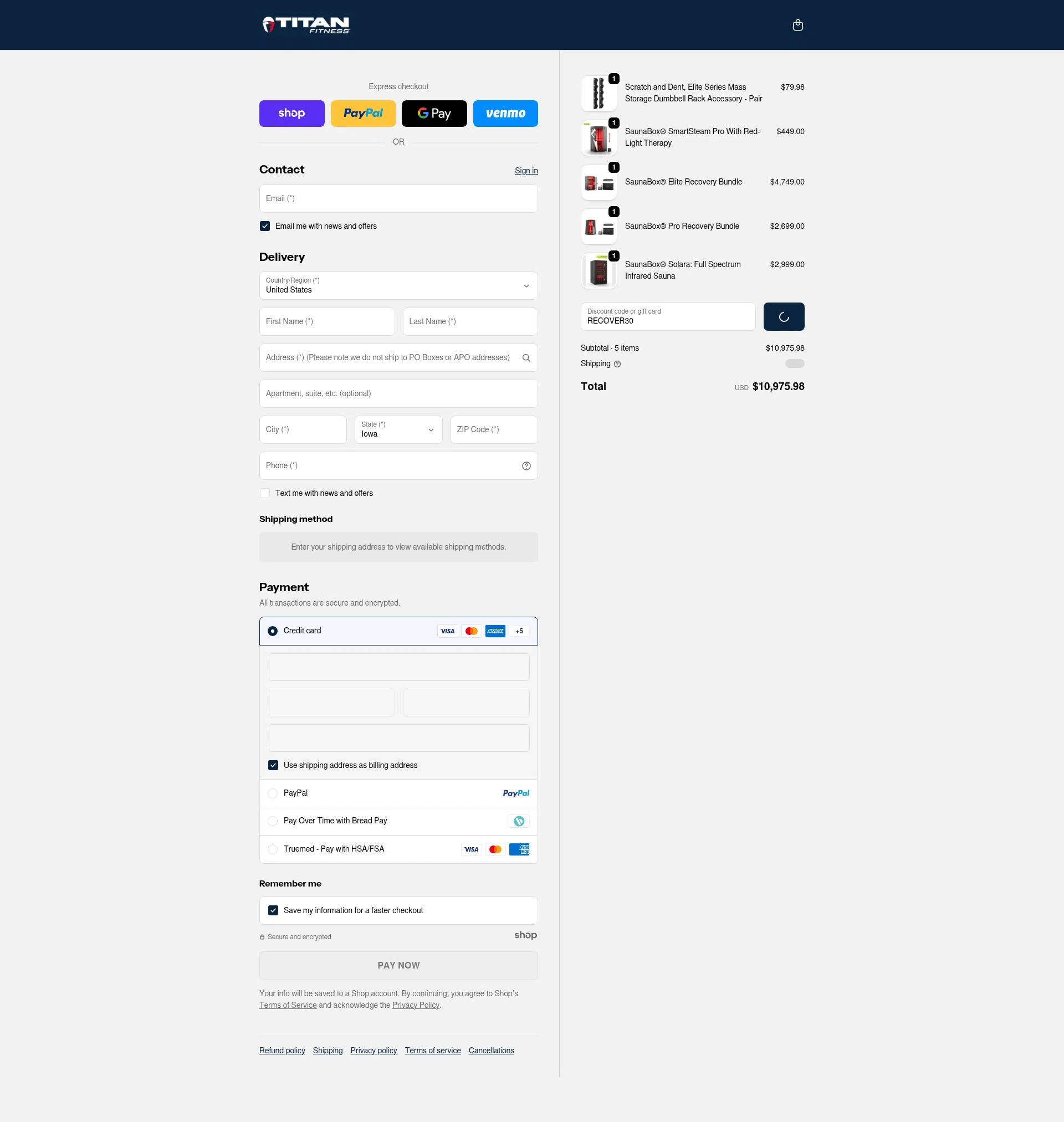 Titan Fitness checkout page showing Titan Fitness discount code box | Screenshot taken by SimplyCodes community member on Dec 29, 2025