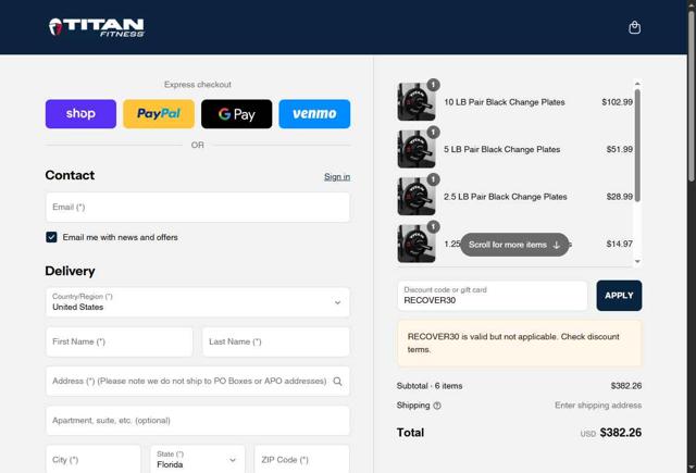 Titan Fitness checkout page showing Titan Fitness discount code box | Screenshot taken by SimplyCodes community member on Sep 13, 2025