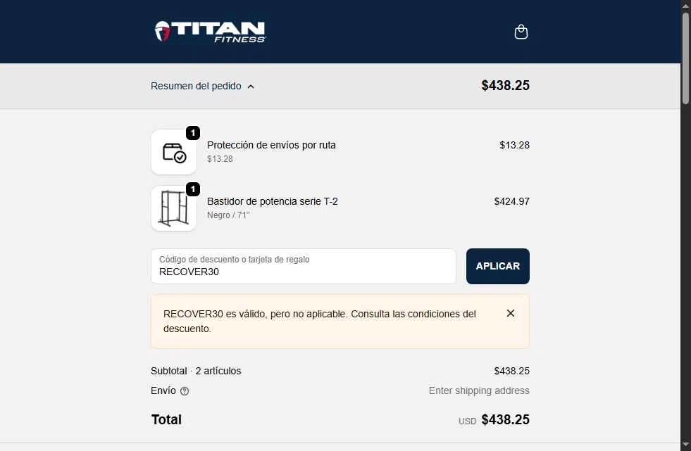 Titan Fitness checkout page showing Titan Fitness discount code box | Screenshot taken by SimplyCodes community member on Dec 12, 2025